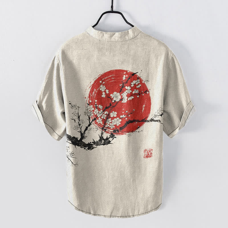 Buddha Stones Chemise homme à manches courtes et demi-boutonnée, motif fleurs de prunier et soleil, encre de coton - image 1