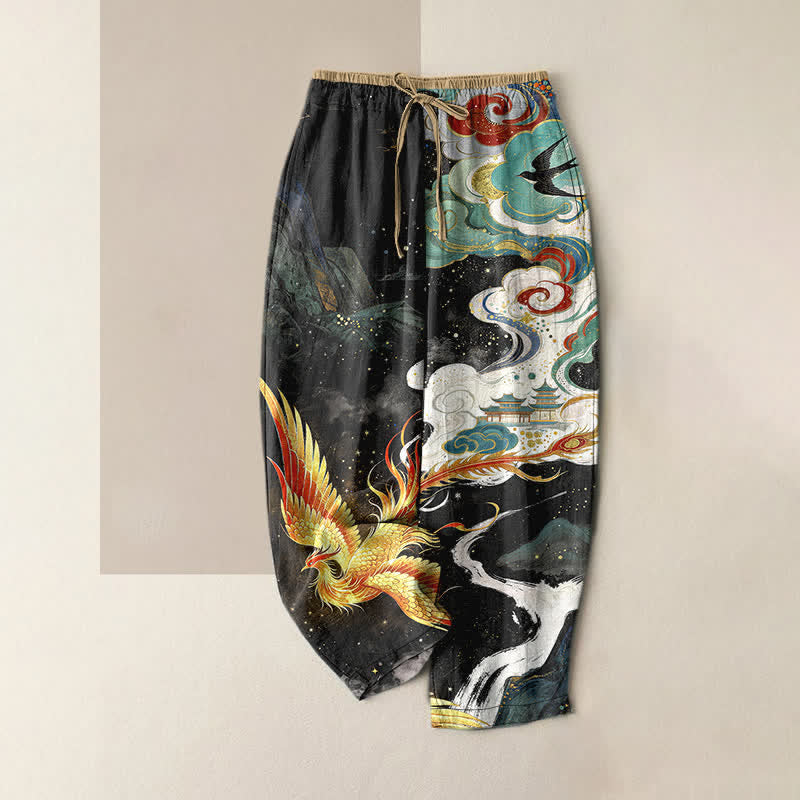 Buddha Stones Pantalon pour femme en pur coton, élégant, à motif nuage de phénix et taille élastique avec poches - Noir - US16，UK/AU20，EU48 (3XL) - image 0