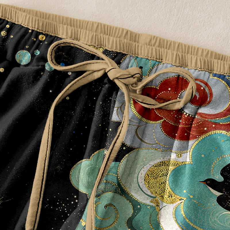 Buddha Stones Pantalon pour femme en pur coton, élégant, à motif nuage de phénix et taille élastique avec poches - image 1