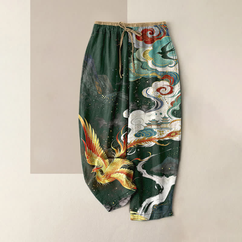 Buddha Stones Pantalon pour femme en pur coton, élégant, à motif nuage de phénix et taille élastique avec poches - Vert foncé - US16，UK/AU20，EU48 (3XL) - image 4