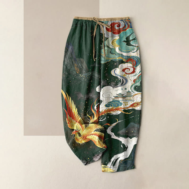 Buddha Stones Pantalon pour femme en pur coton, élégant, à motif nuage de phénix et taille élastique avec poches - Vert foncé - US16，UK/AU20，EU48 (3XL) - image 4