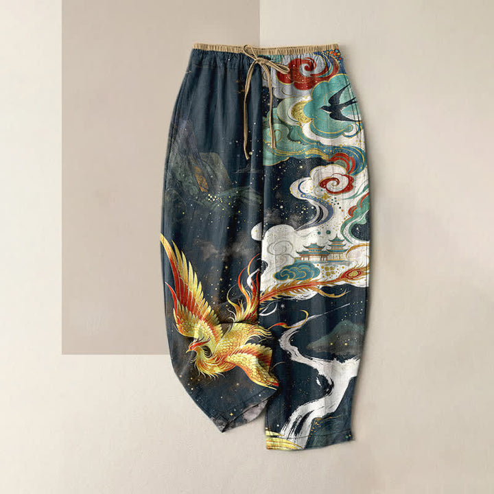 Buddha Stones Pantalon pour femme en pur coton, élégant, à motif nuage de phénix et taille élastique avec poches - Bleu nuit - US16，UK/AU20，EU48 (3XL) - image 5