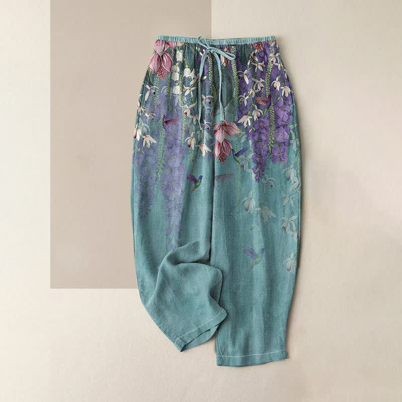 Buddha Stones Pantalon pour femme en pur coton à motif floral et oiseaux, taille élastique et poches - Turquoise - US16，UK/AU20，EU48 (3XL) - image 0