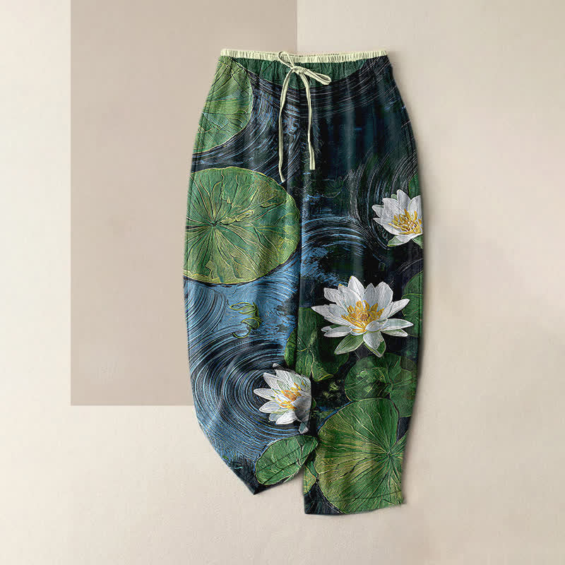 Buddha Stones Pantalon pour femme en pur coton à motif étang de lotus, taille élastique et poches - Bleu - US16，UK/AU20，EU48 (3XL) - image 0