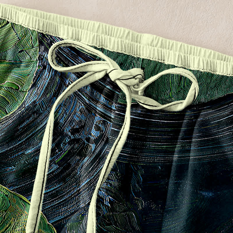 Buddha Stones Pantalon pour femme en pur coton à motif étang de lotus, taille élastique et poches - image 1