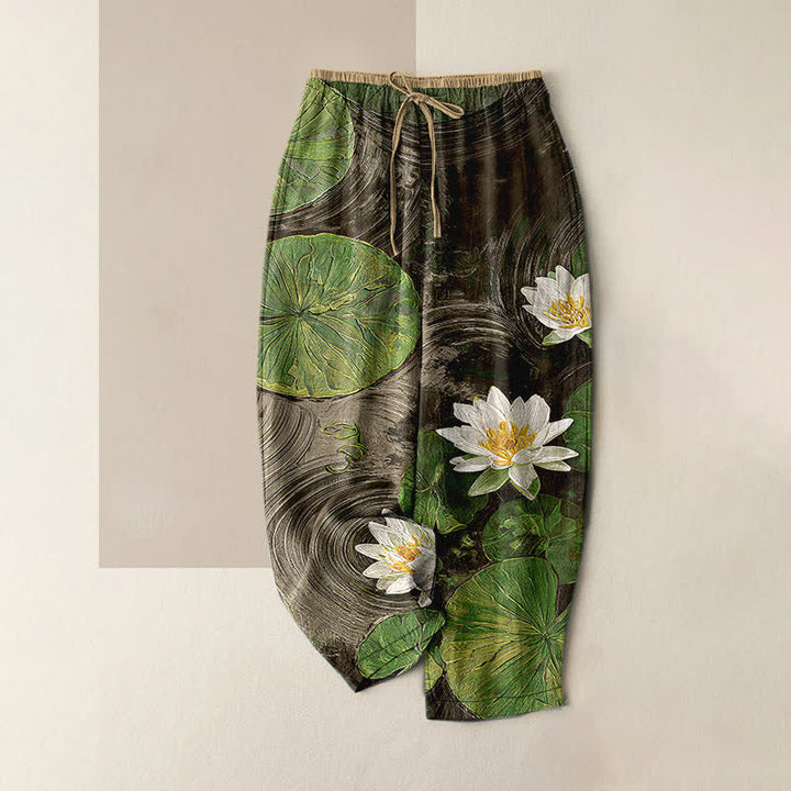Buddha Stones Pantalon pour femme en pur coton à motif étang de lotus, taille élastique et poches - Vert olive foncé - US16，UK/AU20，EU48 (3XL) - image 4
