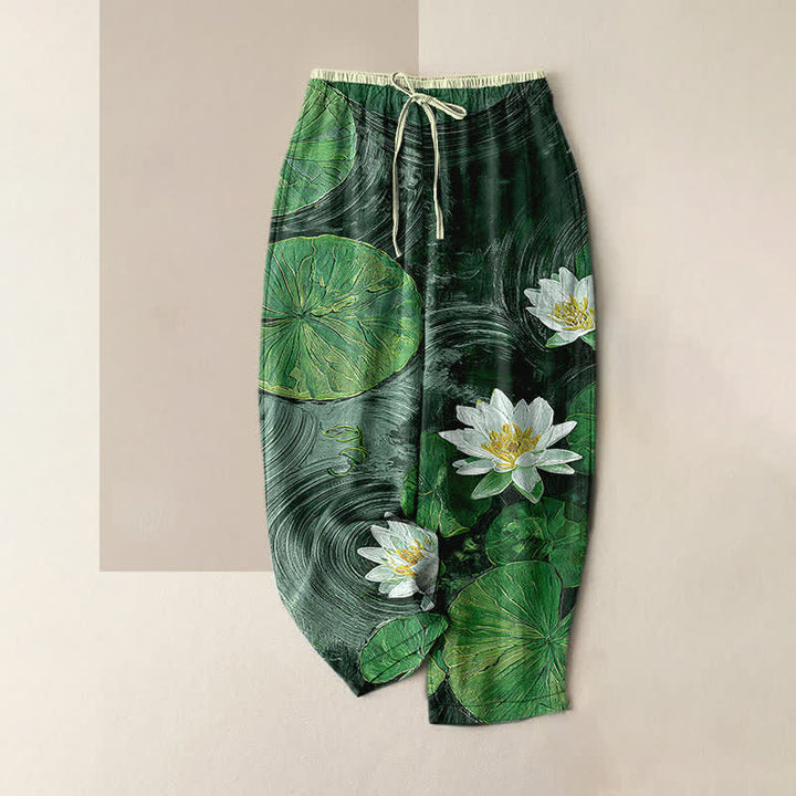 Buddha Stones Pantalon pour femme en pur coton à motif étang de lotus, taille élastique et poches - Vert foncé - US16，UK/AU20，EU48 (3XL) - image 5