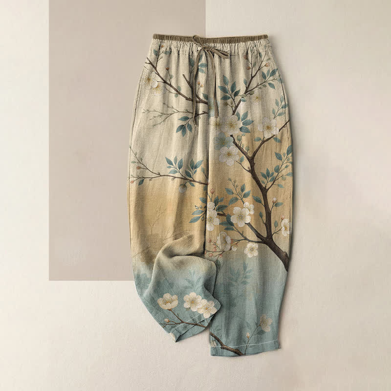 Buddha Stones Pantalon pour femme en pur coton, motif branches de fleurs à l'encre, taille élastique et poches - Beige - US16，UK/AU20，EU48 (3XL) - image 0