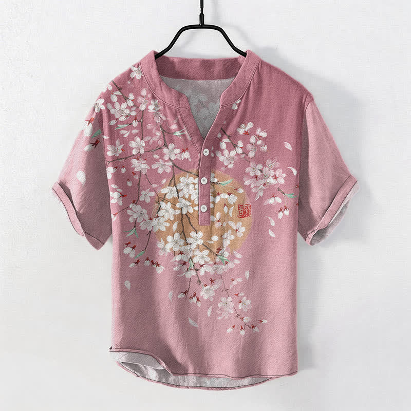 Buddha Stones Chemise homme à manches courtes et demi-boutonnée en coton à motif de branches de cerisier et de soleil - Rouge violet pâle - US/UK/AU50，EU60 (5XL) - image 0
