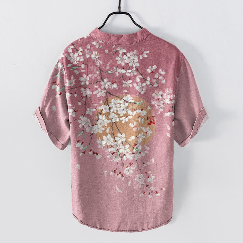 Buddha Stones Chemise homme à manches courtes et demi-boutonnée en coton à motif de branches de cerisier et de soleil - image 1