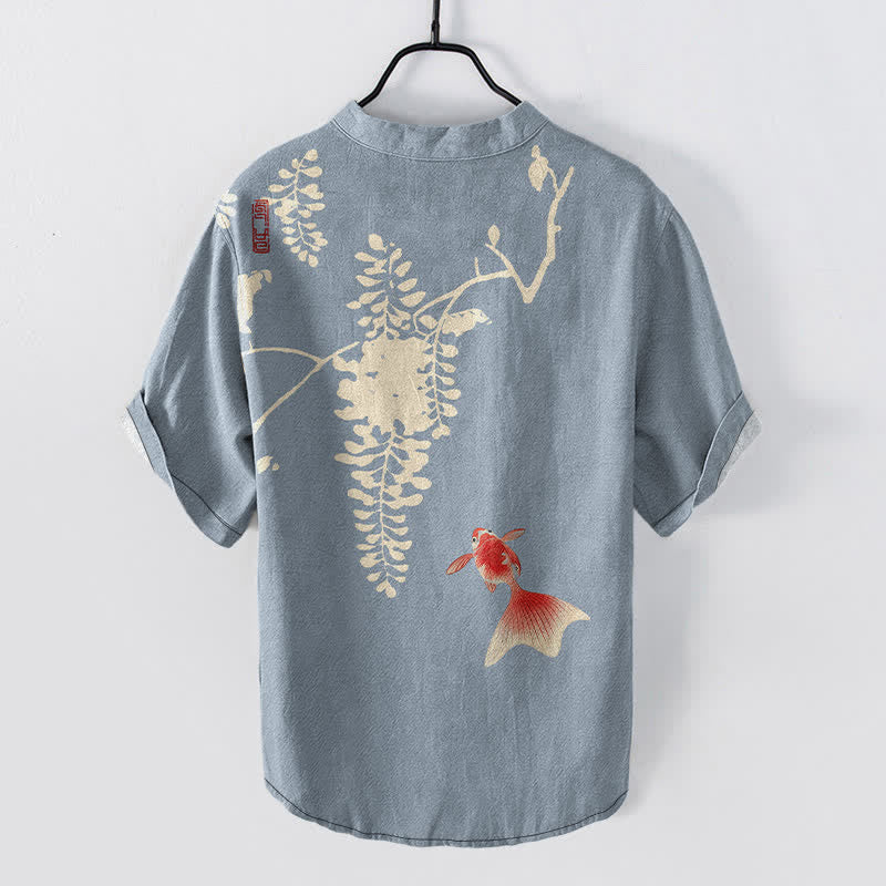 Buddha Stones Chemise homme à manches courtes et demi-boutonnée en coton à motif de carpes koï et de vigne - image 1