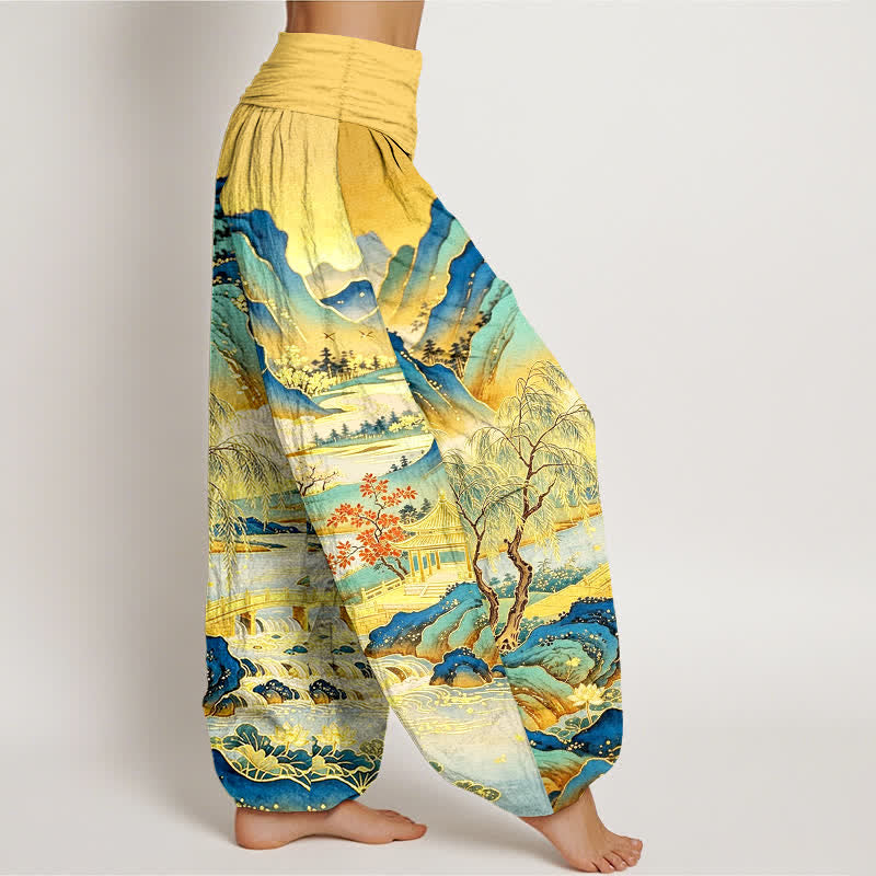Buddha Stones Pantalon harem à taille élastique pour femme, en coton, motif paysage oriental - image 1