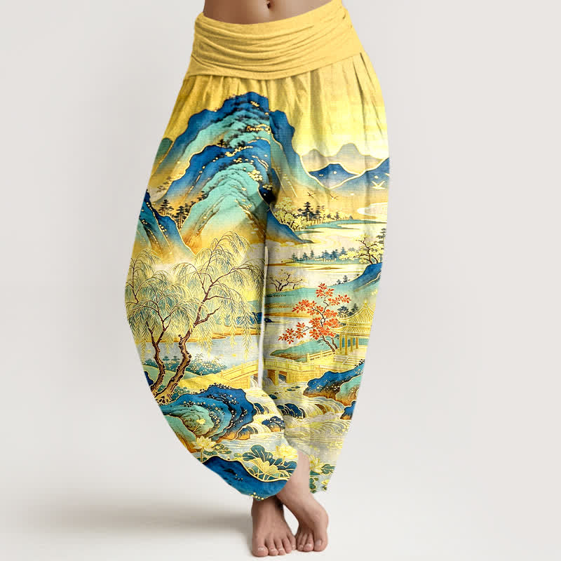 Buddha Stones Pantalon harem à taille élastique pour femme, en coton, motif paysage oriental - Jaune - US16，UK/AU20，EU48 (3XL) - image 0