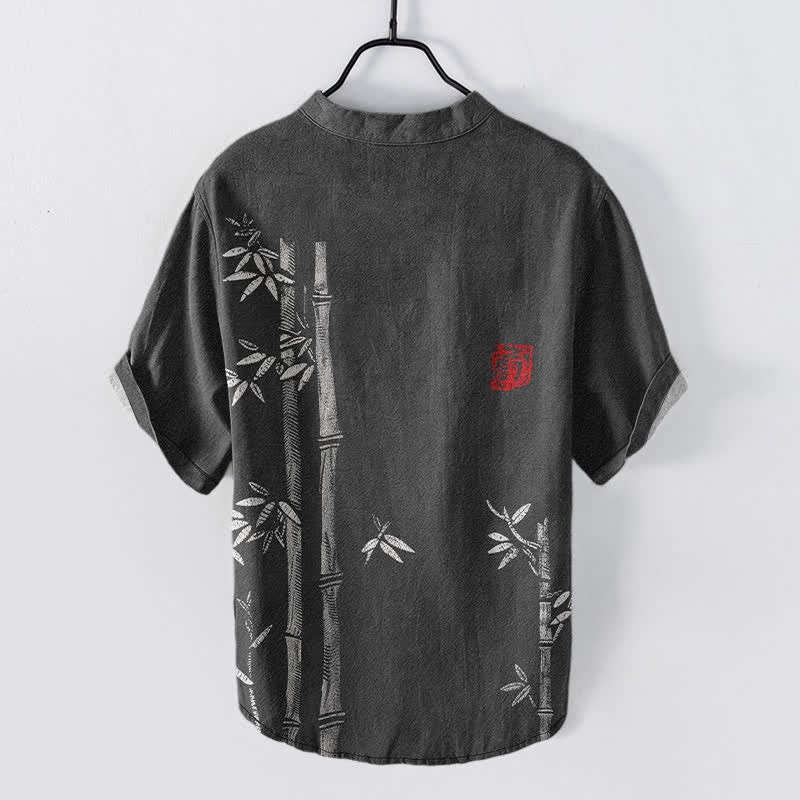 Buddha Stones Chemise homme à manches courtes et demi-boutonnée, motif bambou, encre de coton - image 1