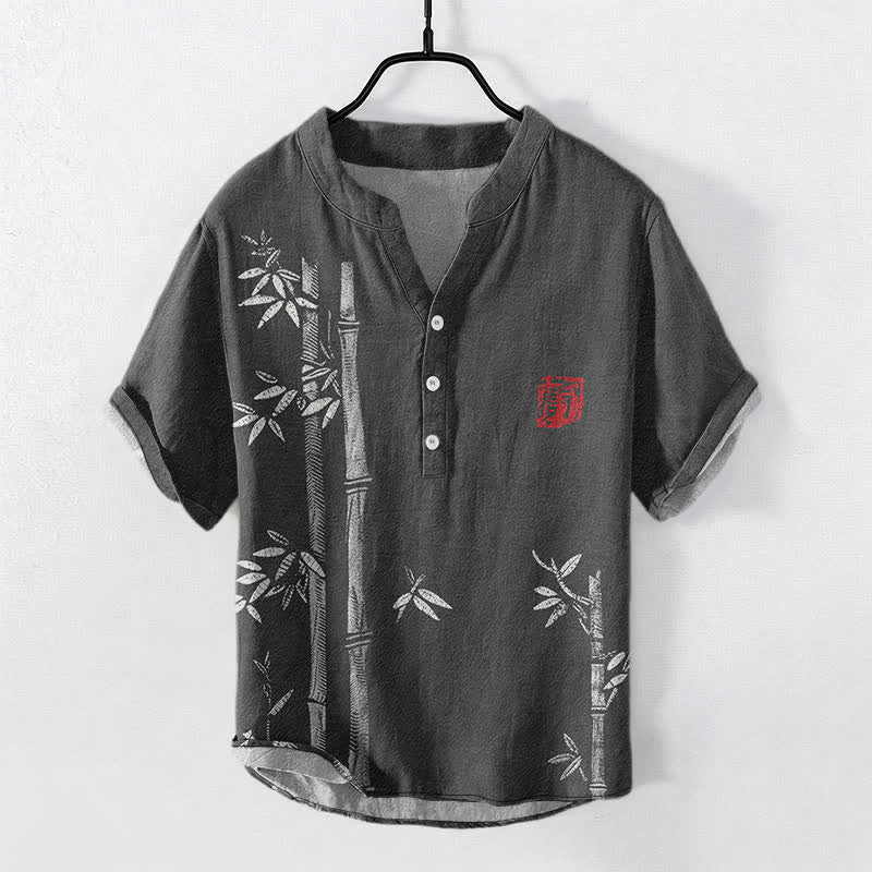 Buddha Stones Chemise homme à manches courtes et demi-boutonnée, motif bambou, encre de coton - Noir - US/UK/AU50，EU60 (5XL) - image 0