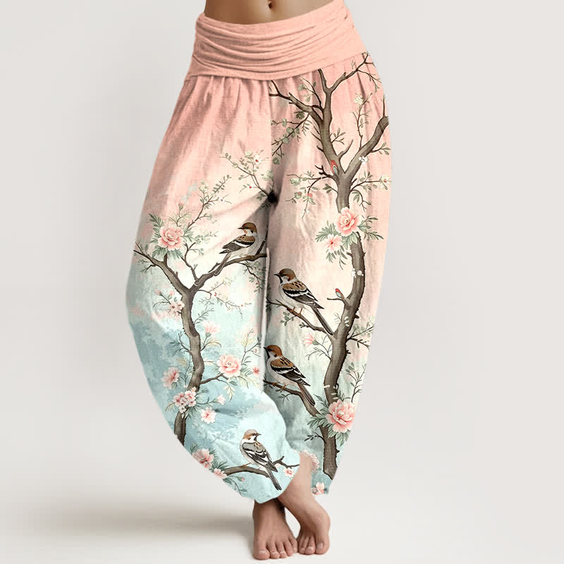 Buddha Stones Pantalon harem pour femme en coton à motif floral oriental, oiseaux et branches, taille élastique - Rose clair - US16，UK/AU20，EU48 (3XL) - image 0