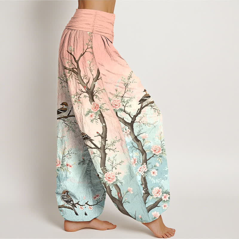 Buddha Stones Pantalon harem pour femme en coton à motif floral oriental, oiseaux et branches, taille élastique - image 1