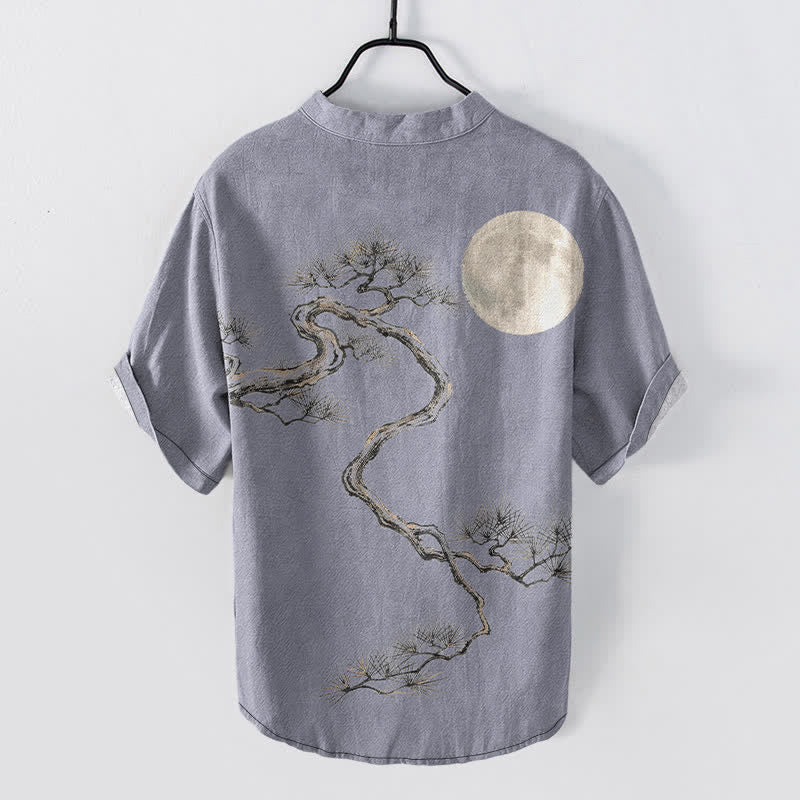 Buddha Stones Chemise à manches courtes pour homme, motif lune et pin, encre coton - image 1