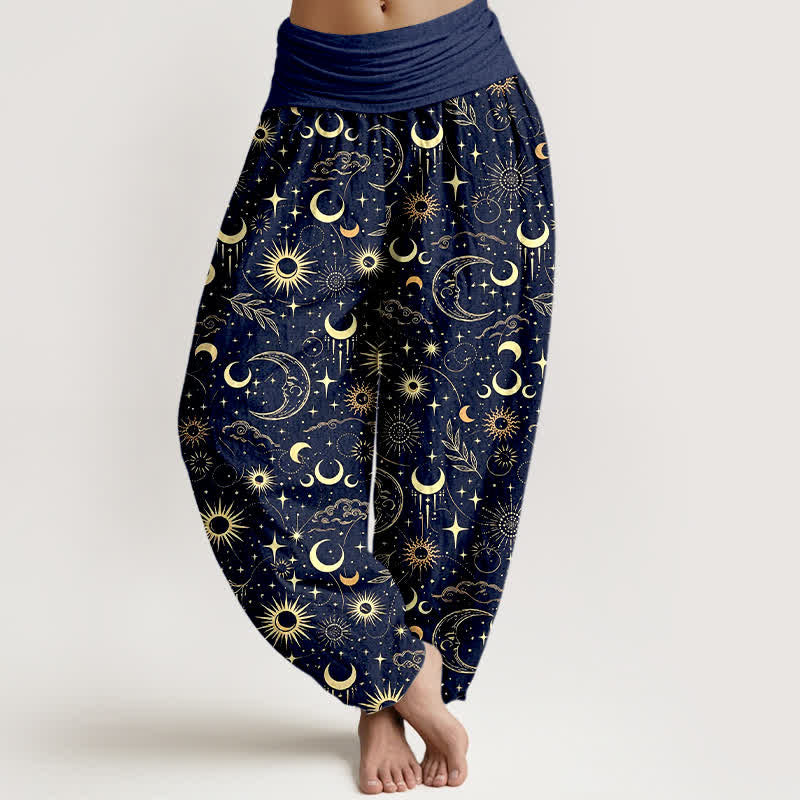 Buddha Stones Pantalon harem à taille élastique pour femme, motif lune, soleil et étoiles, en coton - Marine - US16，UK/AU20，EU48 (3XL) - image 0