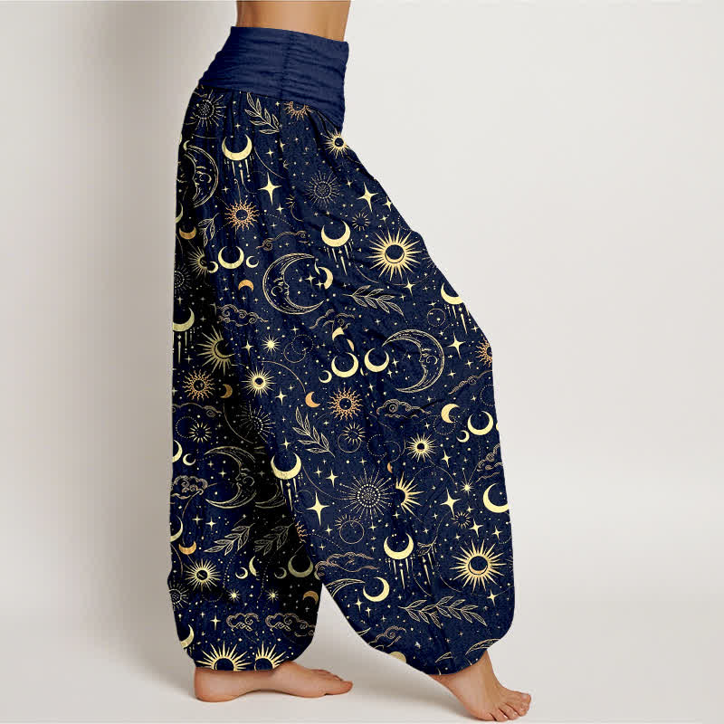 Buddha Stones Pantalon harem à taille élastique pour femme, motif lune, soleil et étoiles, en coton - image 1