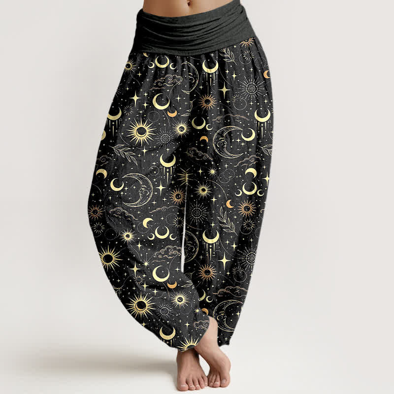 Buddha Stones Pantalon harem à taille élastique pour femme, motif lune, soleil et étoiles, en coton - Noir - US16，UK/AU20，EU48 (3XL) - image 5