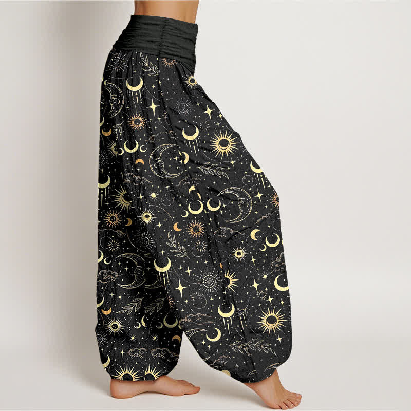 Buddha Stones Pantalon harem à taille élastique pour femme, motif lune, soleil et étoiles, en coton - image 6