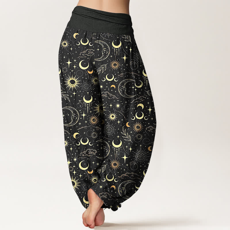 Buddha Stones Pantalon harem à taille élastique pour femme, motif lune, soleil et étoiles, en coton - image 7