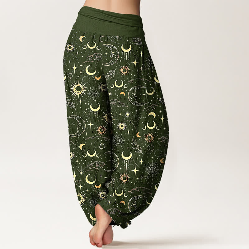 Buddha Stones Pantalon harem à taille élastique pour femme, motif lune, soleil et étoiles, en coton - image 10