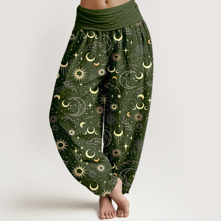 Buddha Stones Pantalon harem à taille élastique pour femme, motif lune, soleil et étoiles, en coton - Vert olive foncé - US16，UK/AU20，EU48 (3XL) - image 8