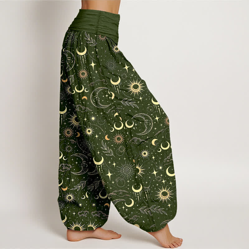 Buddha Stones Pantalon harem à taille élastique pour femme, motif lune, soleil et étoiles, en coton - image 9