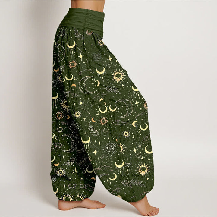 Buddha Stones Pantalon harem à taille élastique pour femme, motif lune, soleil et étoiles, en coton - image 9
