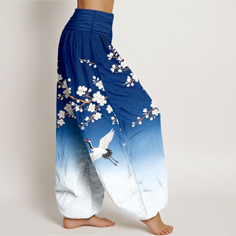 Buddha Stones Pantalon harem à taille élastique pour femme, en coton blanc, motif grue et fleur de prunier - image 1