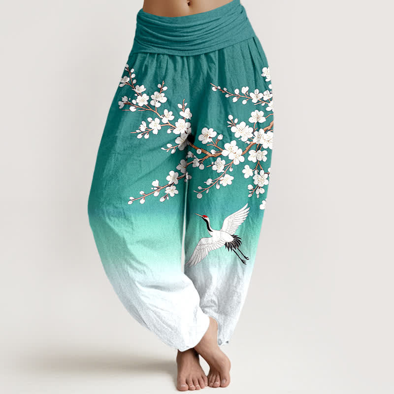 Buddha Stones Pantalon harem à taille élastique pour femme, en coton blanc, motif grue et fleur de prunier - Vert clair - US16，UK/AU20，EU48 (3XL) - image 5