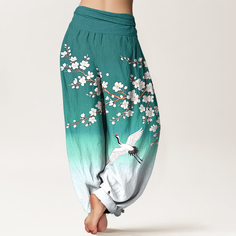 Buddha Stones Pantalon harem à taille élastique pour femme, en coton blanc, motif grue et fleur de prunier - image 7