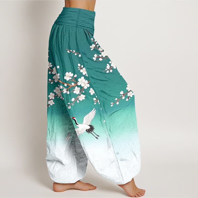 Buddha Stones Pantalon harem à taille élastique pour femme, en coton blanc, motif grue et fleur de prunier - image 6