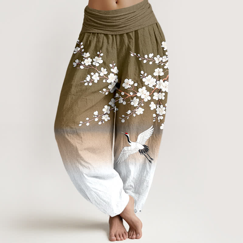 Buddha Stones Pantalon harem à taille élastique pour femme, en coton blanc, motif grue et fleur de prunier - Olive - US16，UK/AU20，EU48 (3XL) - image 8