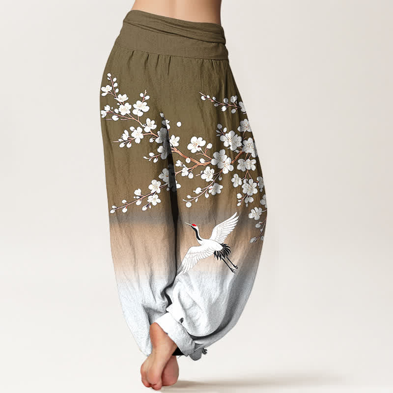 Buddha Stones Pantalon harem à taille élastique pour femme, en coton blanc, motif grue et fleur de prunier - image 10