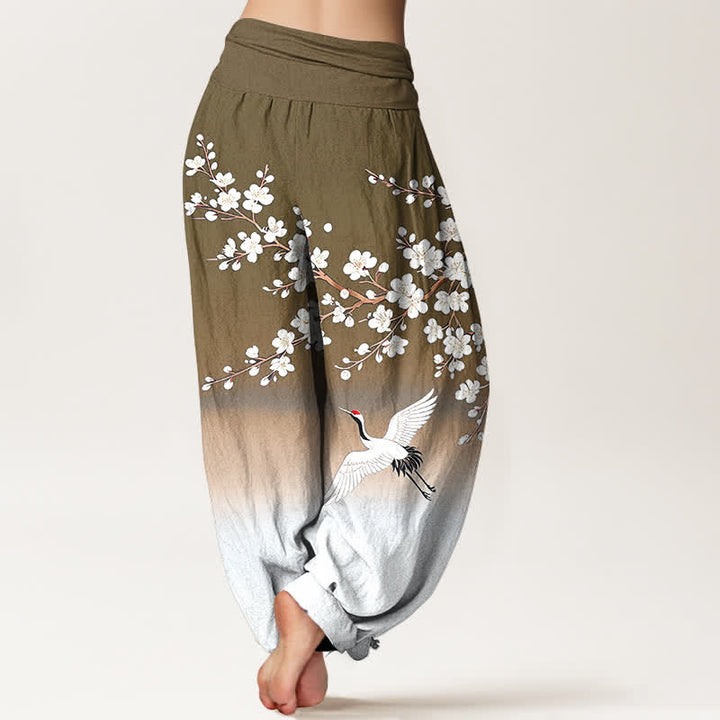 Buddha Stones Pantalon harem à taille élastique pour femme, en coton blanc, motif grue et fleur de prunier - image 10