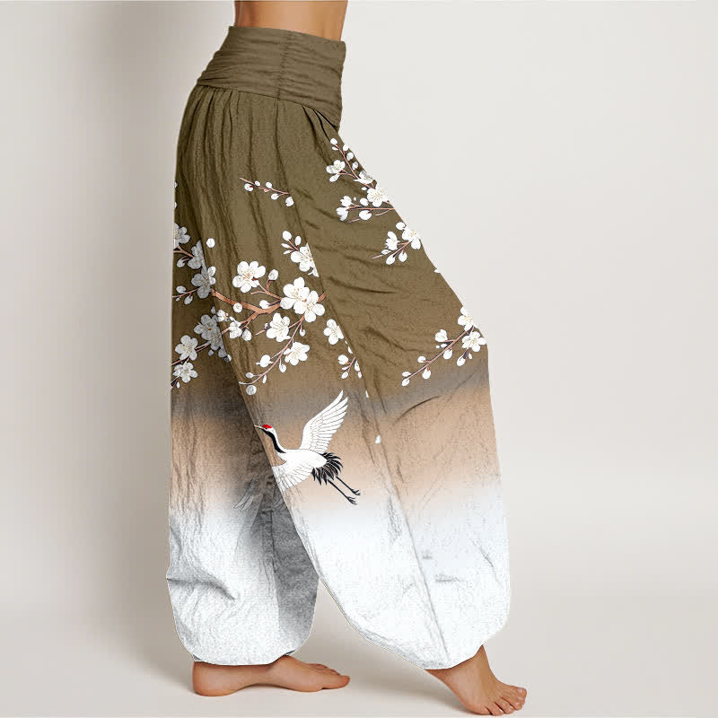 Buddha Stones Pantalon harem à taille élastique pour femme, en coton blanc, motif grue et fleur de prunier - image 9