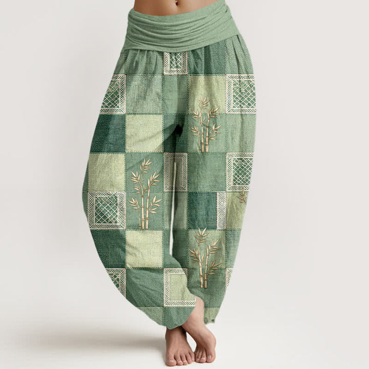 Buddha Stones Pantalon harem pour femme à taille élastique, motif patchwork en coton et bambou - Vert clair - US16，UK/AU20，EU48 (3XL) - image 0
