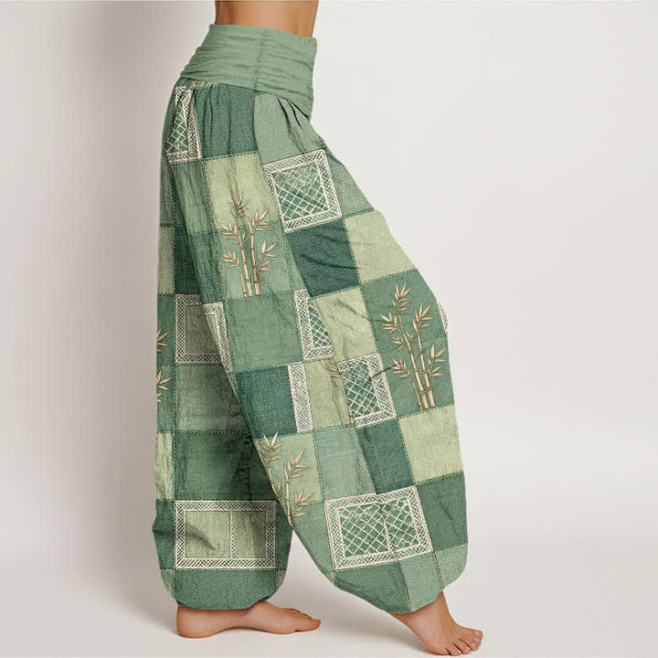 Buddha Stones Pantalon harem pour femme à taille élastique, motif patchwork en coton et bambou - image 1