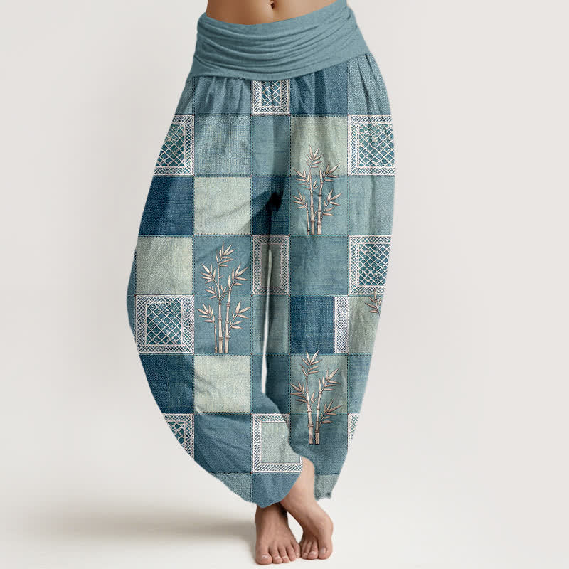 Buddha Stones Pantalon harem pour femme à taille élastique, motif patchwork en coton et bambou - Bleu poudré - US16，UK/AU20，EU48 (3XL) - image 8