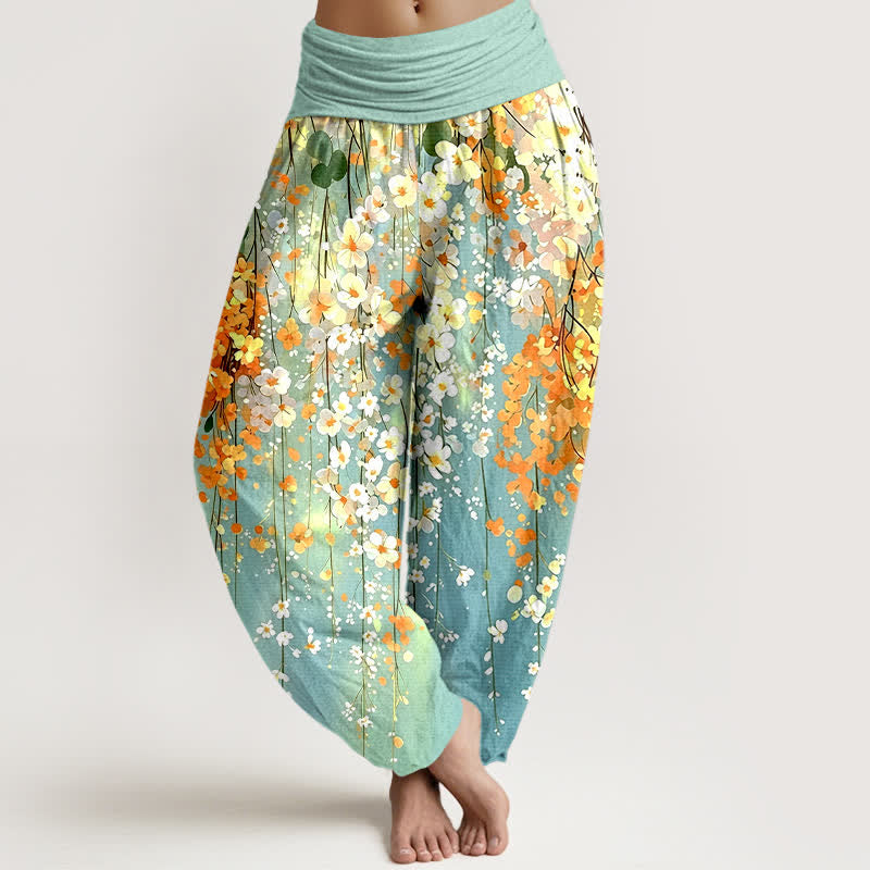 Buddha Stones Pantalon harem à taille élastique pour femme, motif cascade de fleurs sauvages en coton - Turquoise - US16，UK/AU20，EU48 (3XL) - image 0