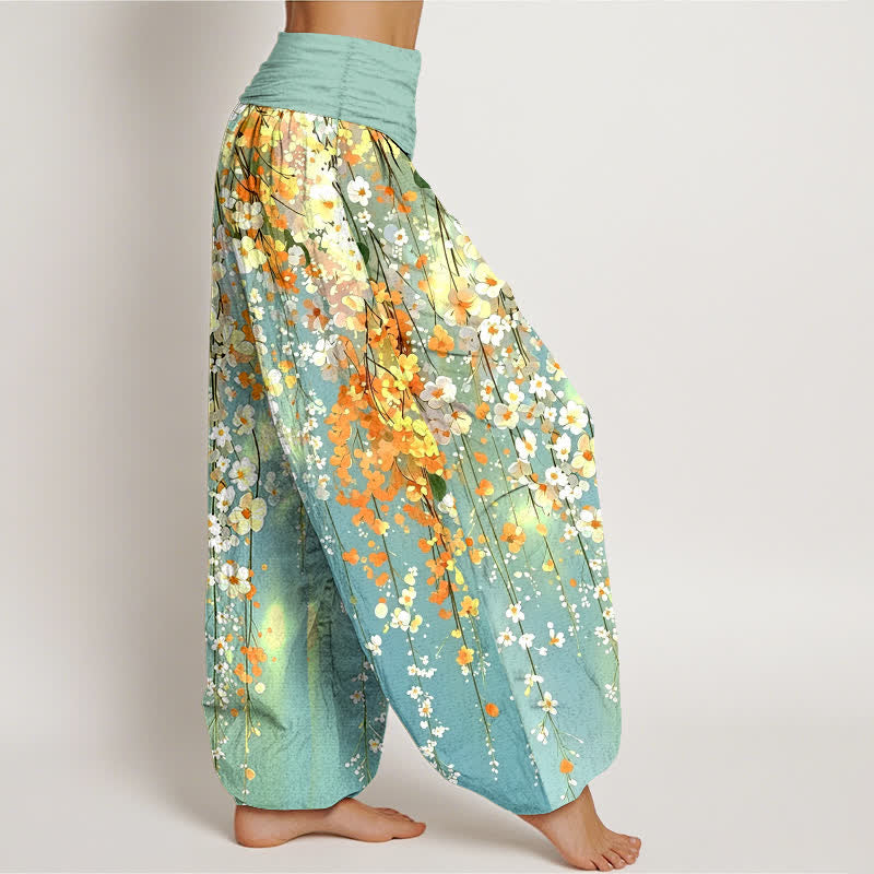 Buddha Stones Pantalon harem à taille élastique pour femme, motif cascade de fleurs sauvages en coton - image 1