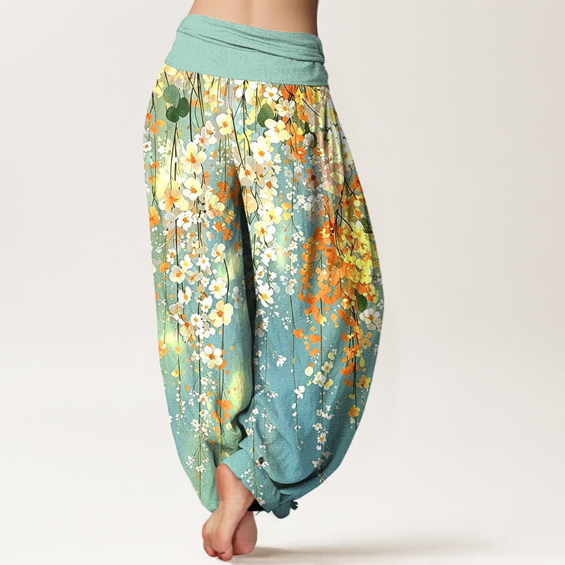 Buddha Stones Pantalon harem à taille élastique pour femme, motif cascade de fleurs sauvages en coton - image 2