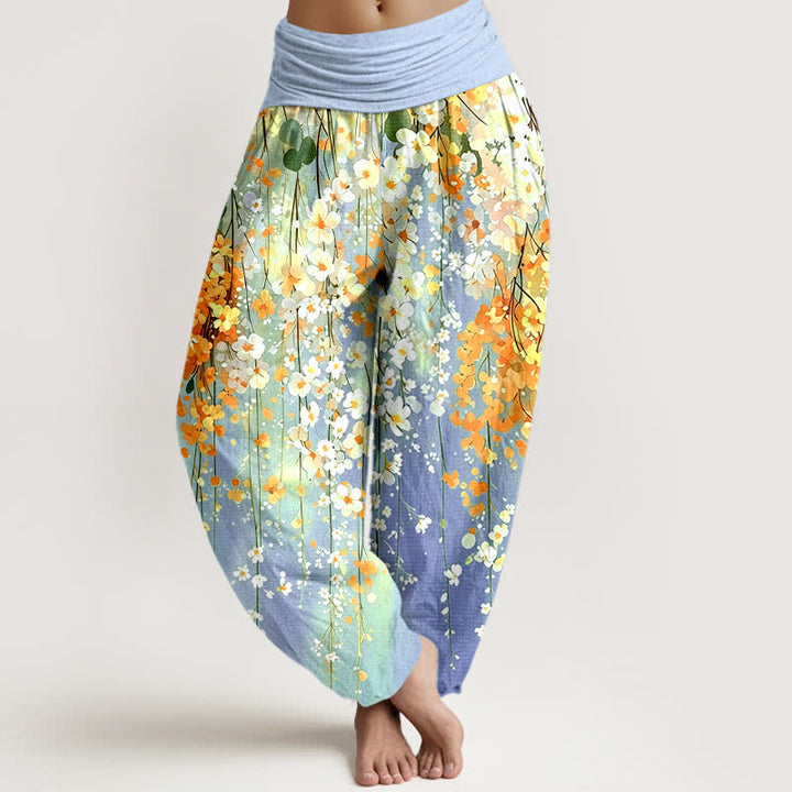 Buddha Stones Pantalon harem à taille élastique pour femme, motif cascade de fleurs sauvages en coton - Bleu ciel clair - US16，UK/AU20，EU48 (3XL) - image 5