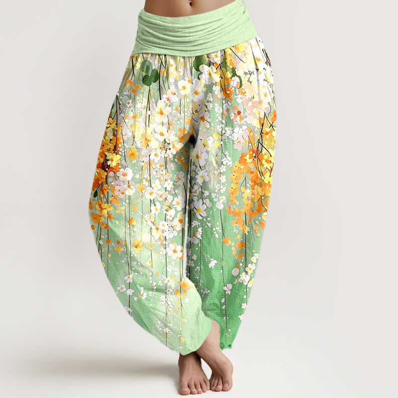 Buddha Stones Pantalon harem à taille élastique pour femme, motif cascade de fleurs sauvages en coton - Vert clair - US16，UK/AU20，EU48 (3XL) - image 8