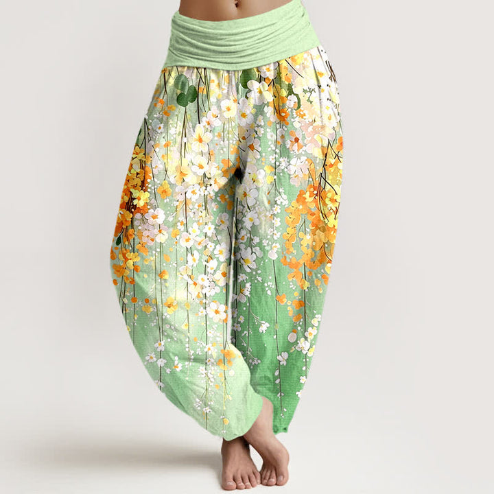 Buddha Stones Pantalon harem à taille élastique pour femme, motif cascade de fleurs sauvages en coton - Vert clair - US16，UK/AU20，EU48 (3XL) - image 8