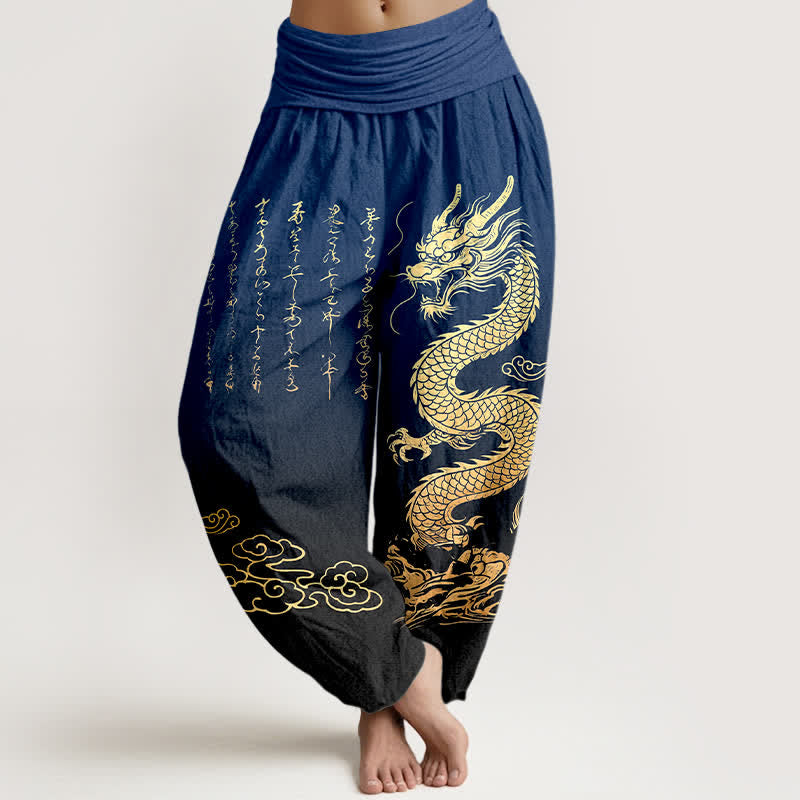 Buddha Stones Pantalon harem à taille élastique pour femme, en coton, motif nuage de dragon doré - Marine - US16，UK/AU20，EU48 (3XL) - image 0