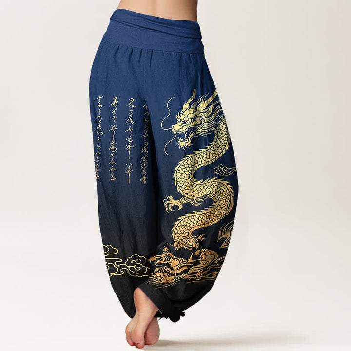 Buddha Stones Pantalon harem à taille élastique pour femme, en coton, motif nuage de dragon doré - image 2